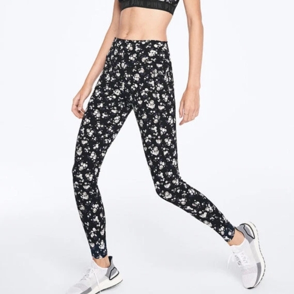 PINK Victoria's Secret Pants - PINK Victoria Secret Leggings Pants 7/8 High Waist Black White Floral Ultimate